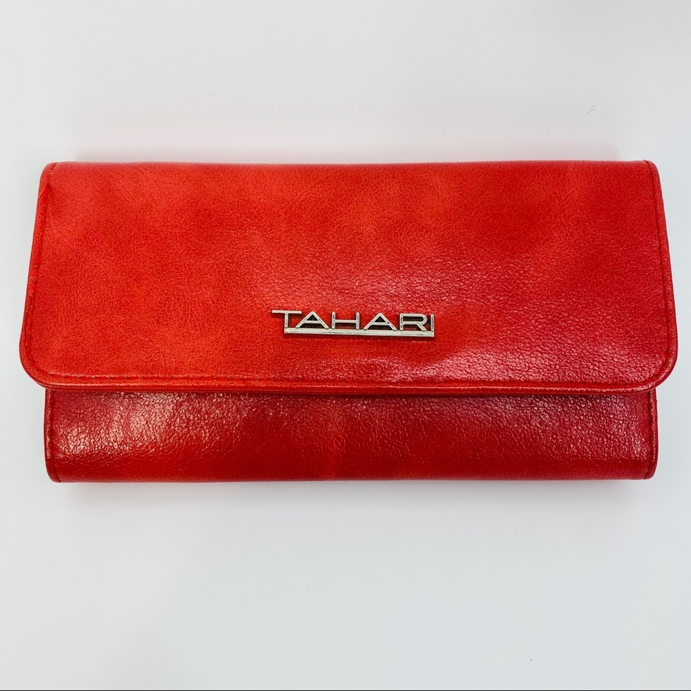 Tahari‎ Red Faux Leather Trifold Wallet RFID Identity Protect Snap Closure